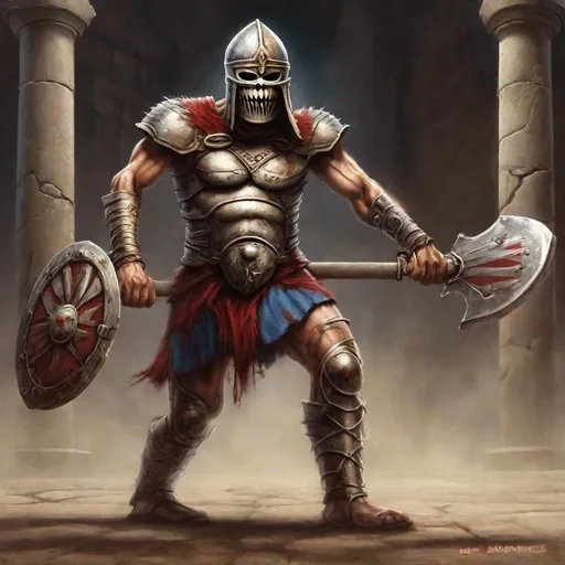 Prompt: Eddie from Iron Maiden is a gladiator