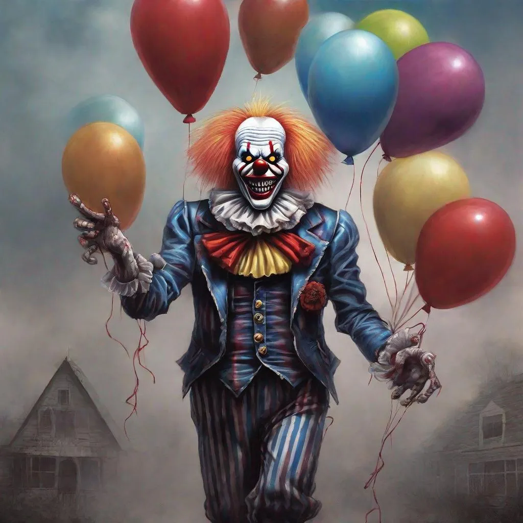 Prompt: Eddie from Iron Maiden as a horror clown with balloons in one hand