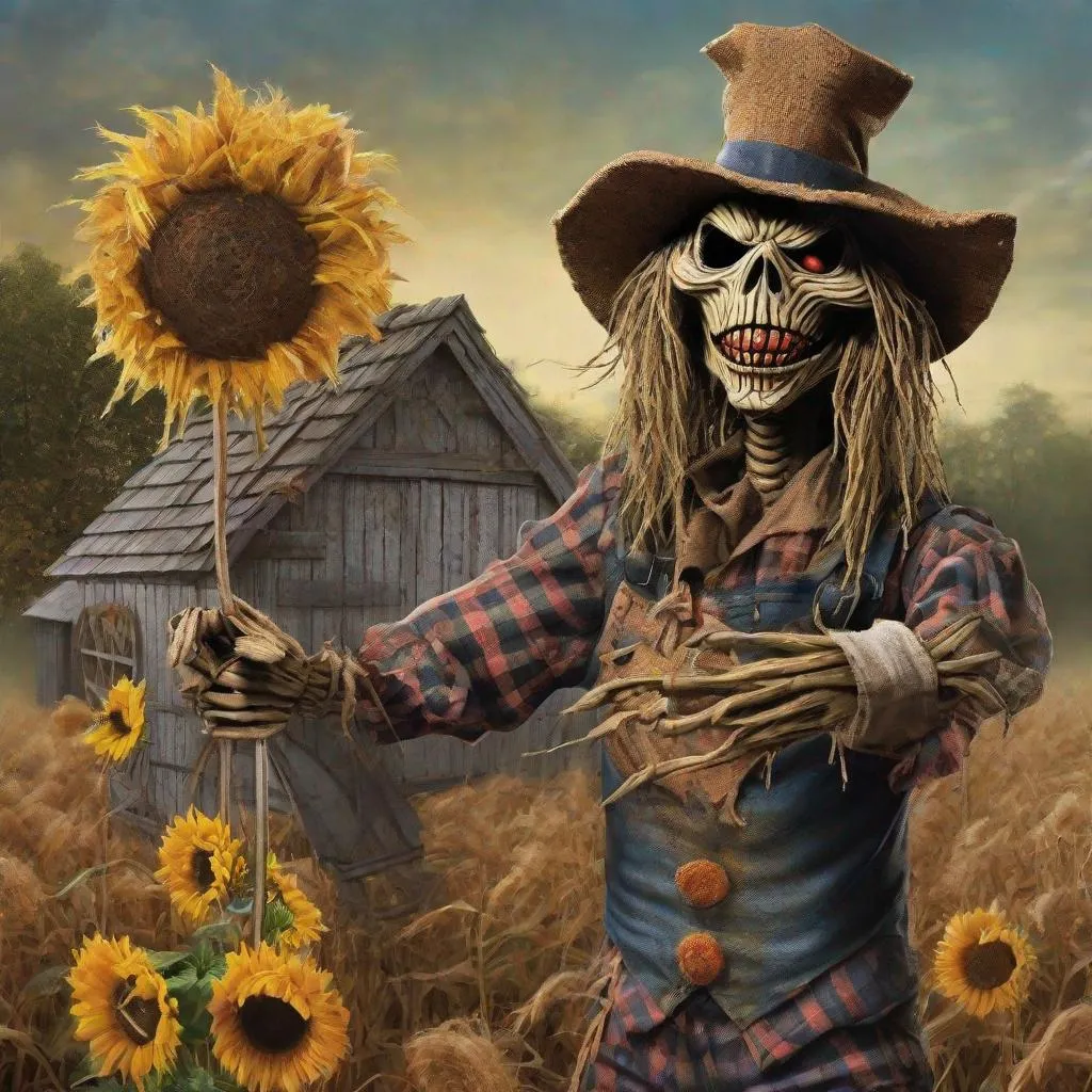 Prompt: Eddie from Iron Maiden as a scarecrow