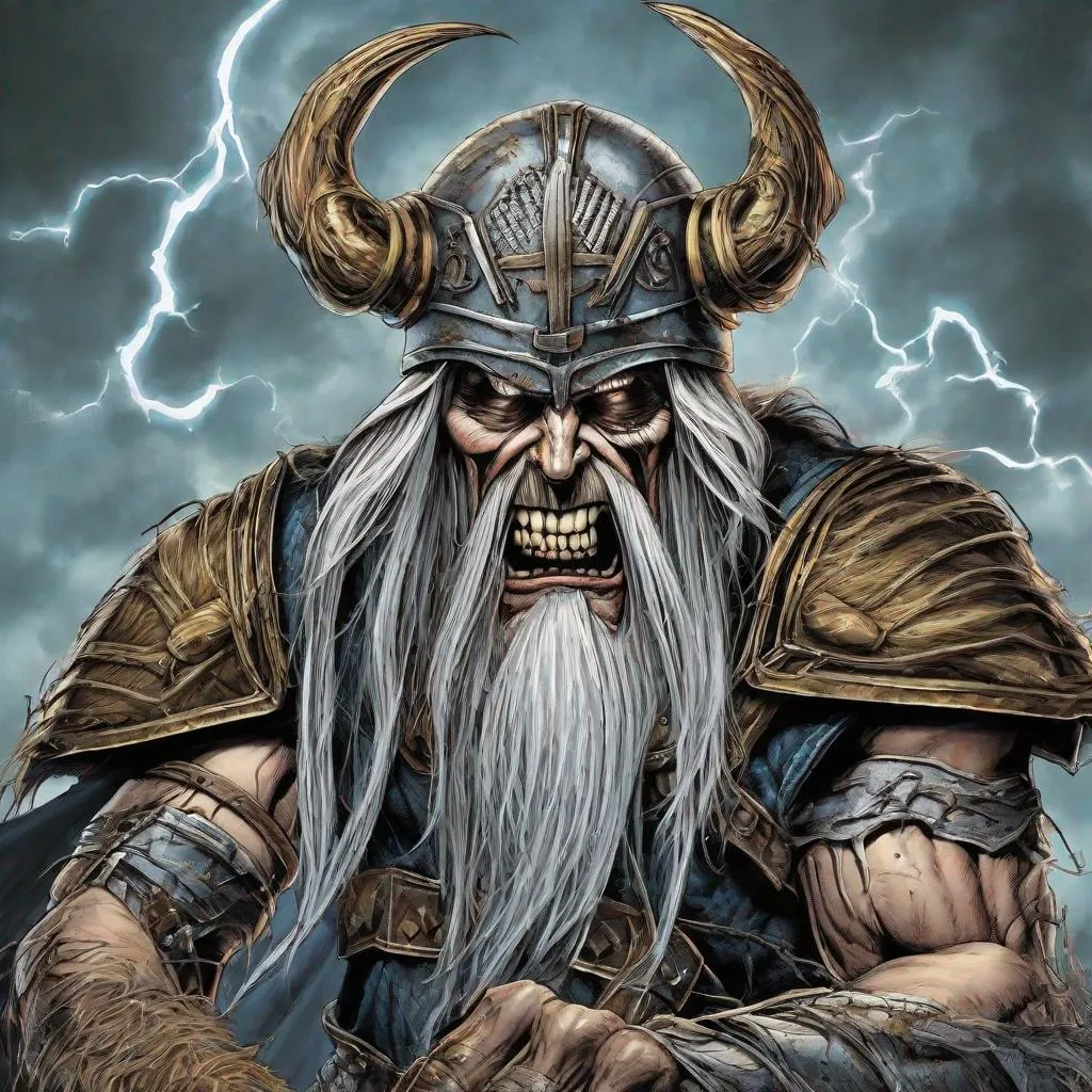 Prompt: Eddie from Iron Maiden as odin