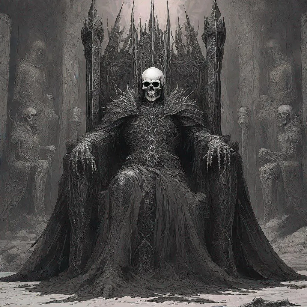 Prompt: In the darkest depths of mordor, the bone king sits on his throne