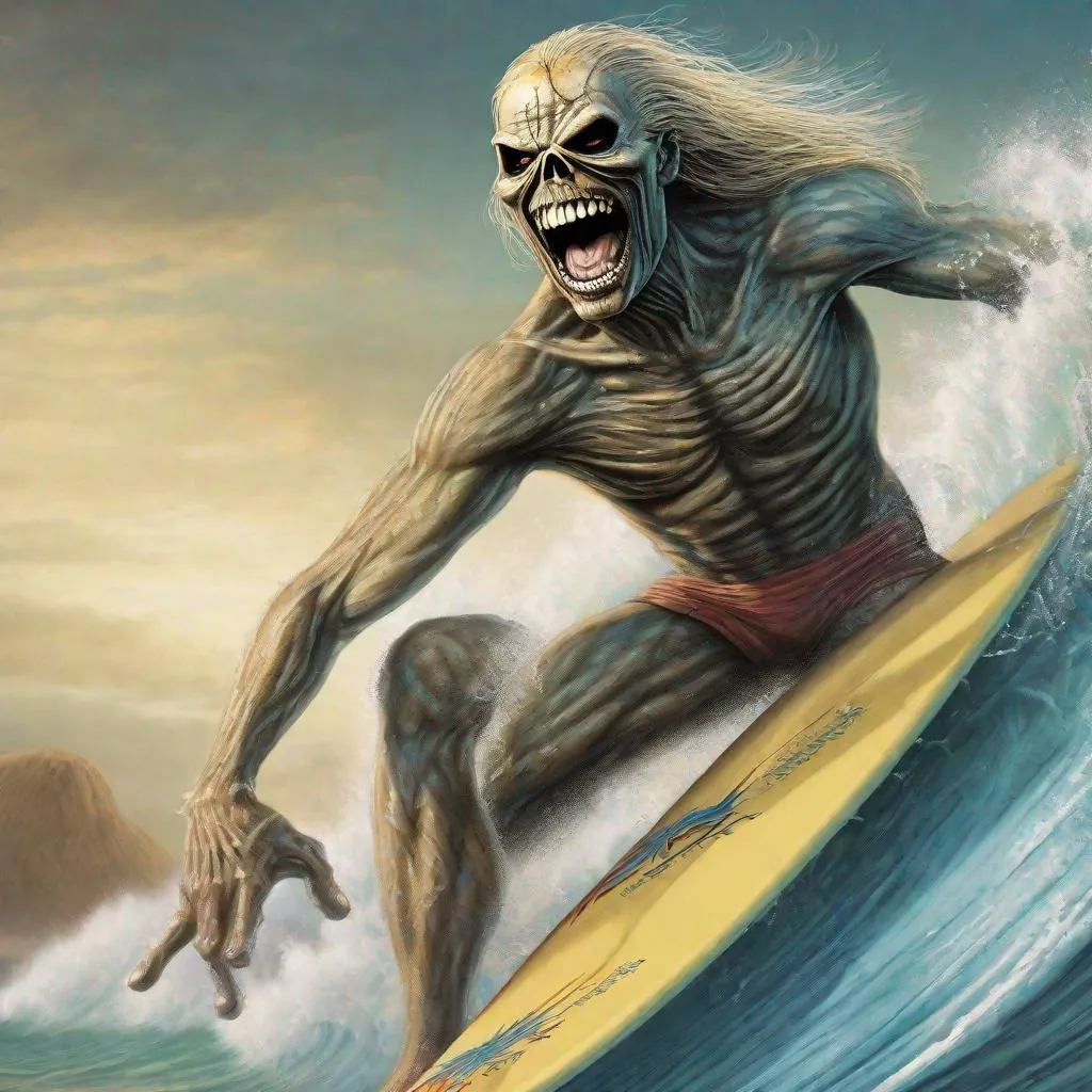 Prompt: Eddie from Iron Maiden as a surfer is surfing 