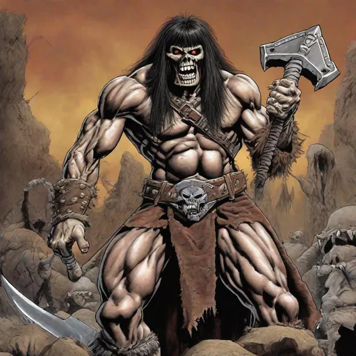 Prompt: Eddie from Iron Maiden as conan the barbarion