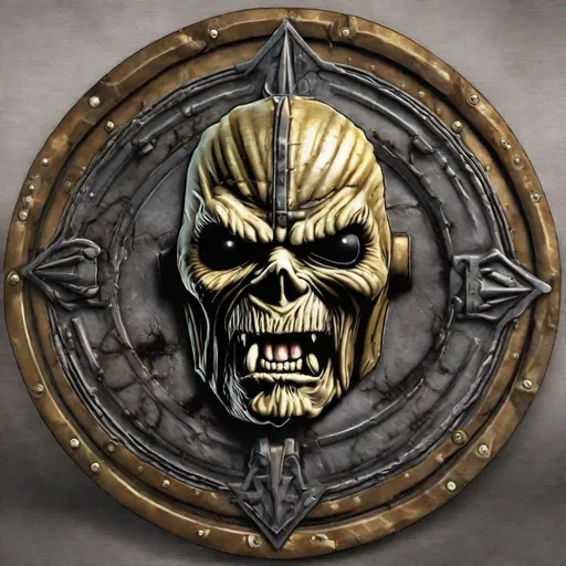 Prompt: A shield with Eddie from Iron Maiden on it