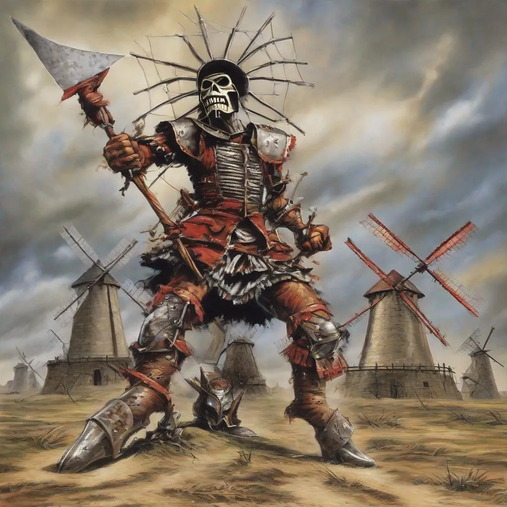 Prompt: Eddie from Iron Maiden as don Quichot fighting windmills