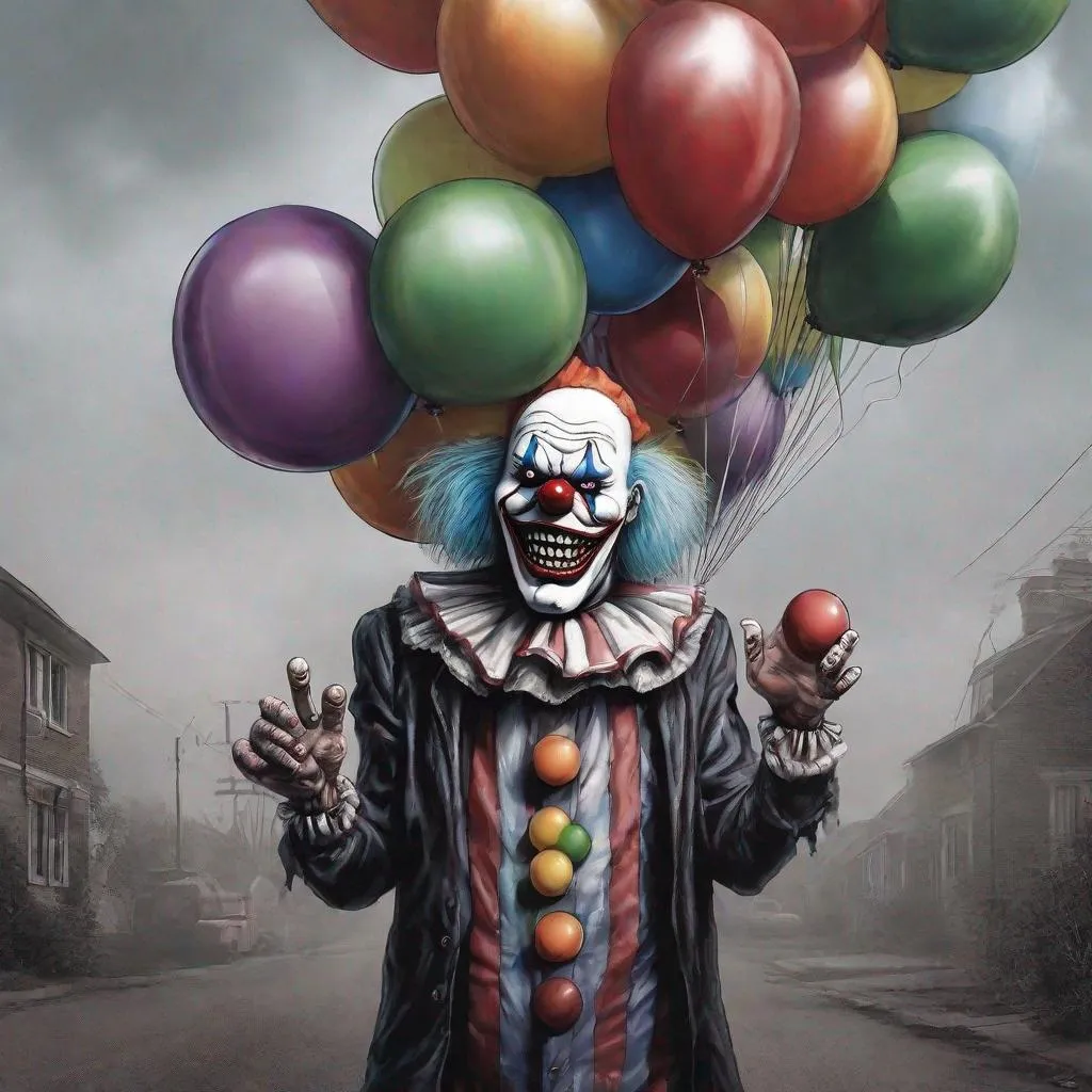 Prompt: Eddie from Iron Maiden as a horror clown with balloons in one hand