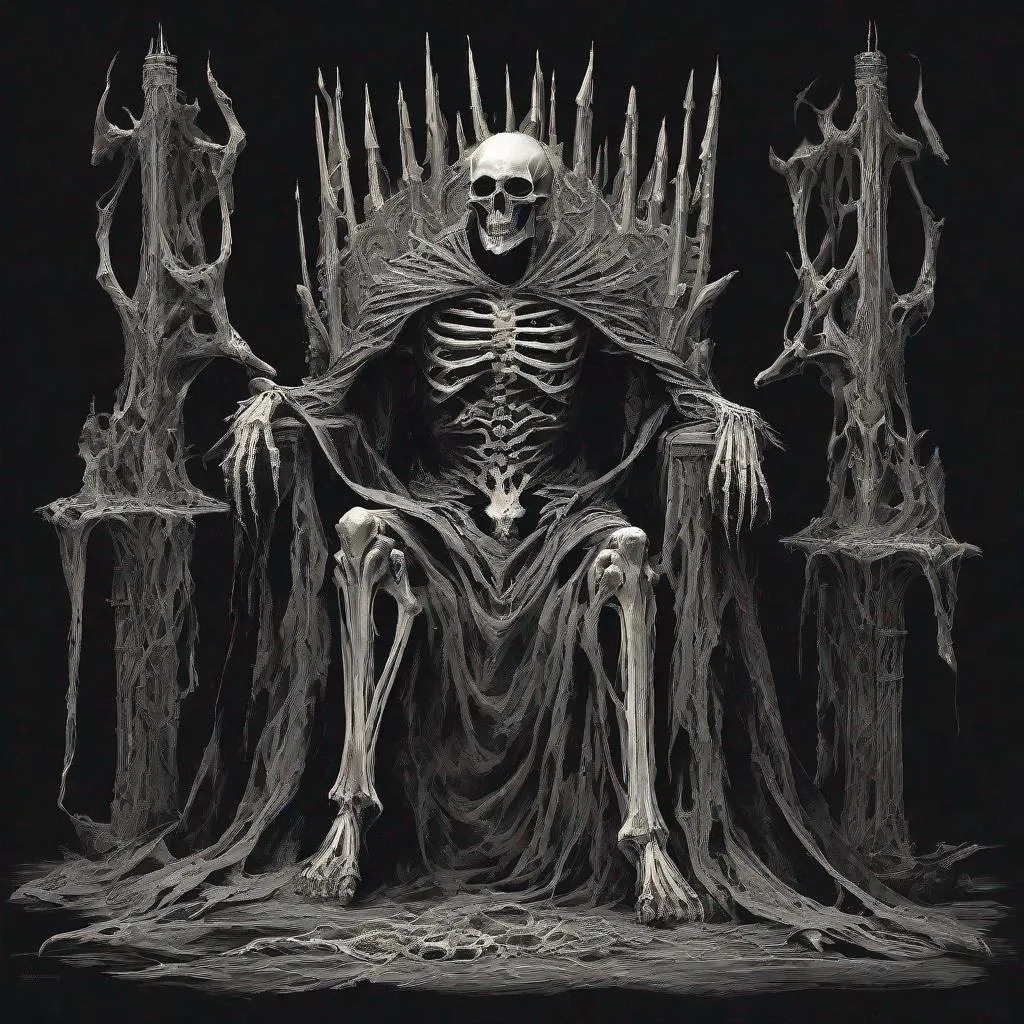 Prompt: In the darkest depths of mordor sits the bone king on his throne of bones