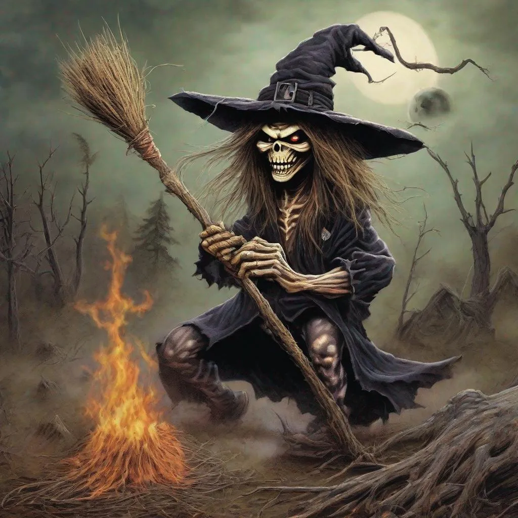 Prompt: Eddie from Iron Maiden is on a witches broom