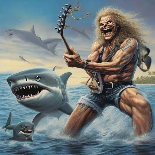 Prompt: Eddie from Iron Maiden plays with sharks