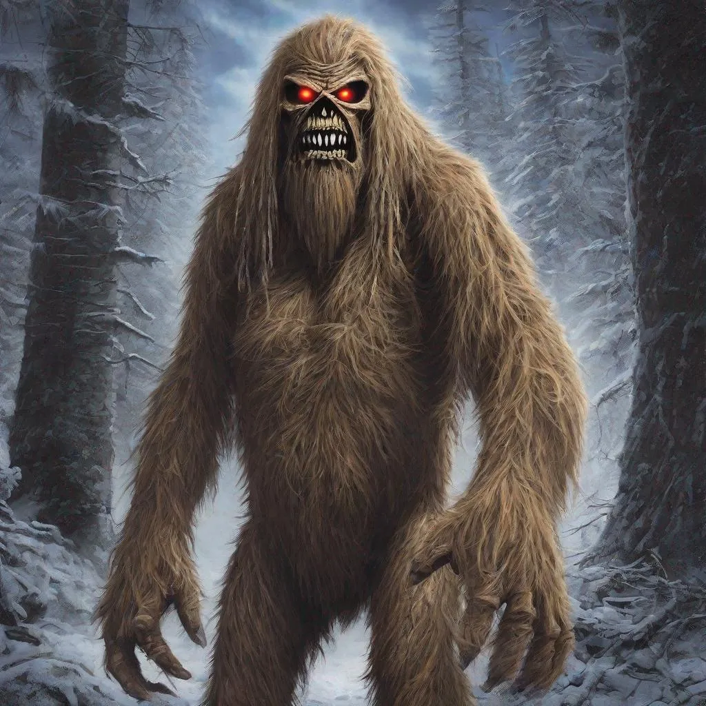 Prompt: Eddie from Iron Maiden as sasquatch