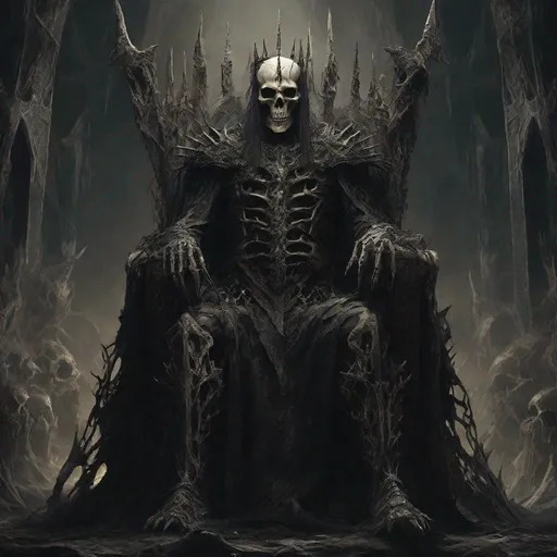 Prompt: In the darkest depths of mordor sits the bone king on his throne of bones with the souls of the buried subordinates next to him