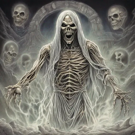 Prompt: Eddie from Iron Maiden is a ghost