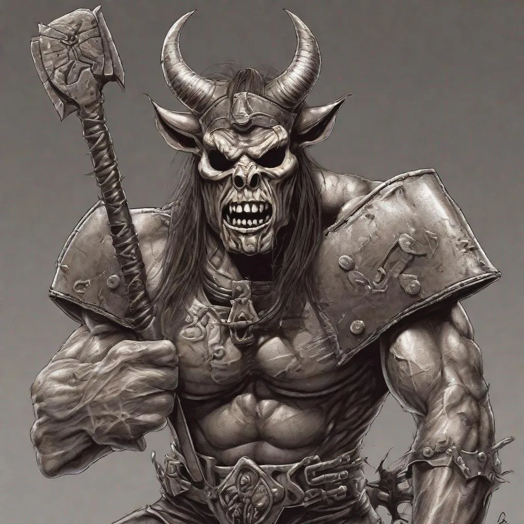 Prompt: Eddie from Iron Maiden as a minotaur