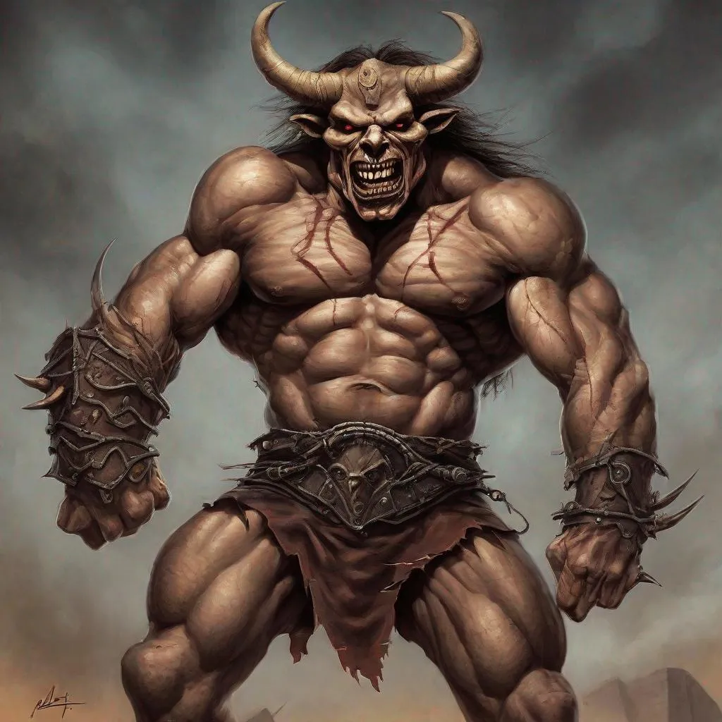 Prompt: Eddie from Iron Maiden as a minotaur