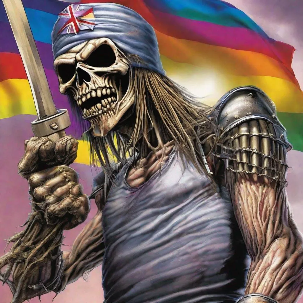 Prompt: Eddie from Iron Maiden is a lgbtqia+ fighter