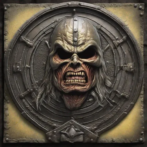 Prompt: A shield with Eddie from Iron Maiden on it