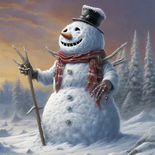 Prompt: Eddie from Iron Maiden is a snowman