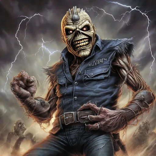 Prompt: Eddie from Iron Maiden is a storm