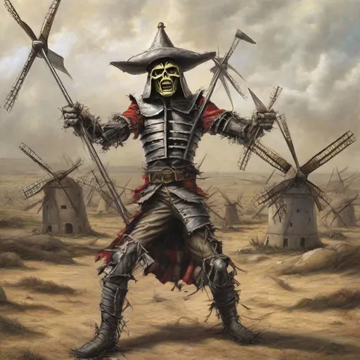 Prompt: Eddie from Iron Maiden as don Quichot fighting windmills