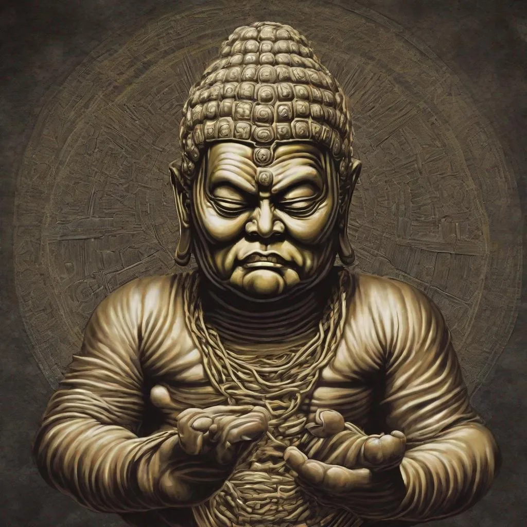 Prompt: Eddie from Iron Maiden as Buddha