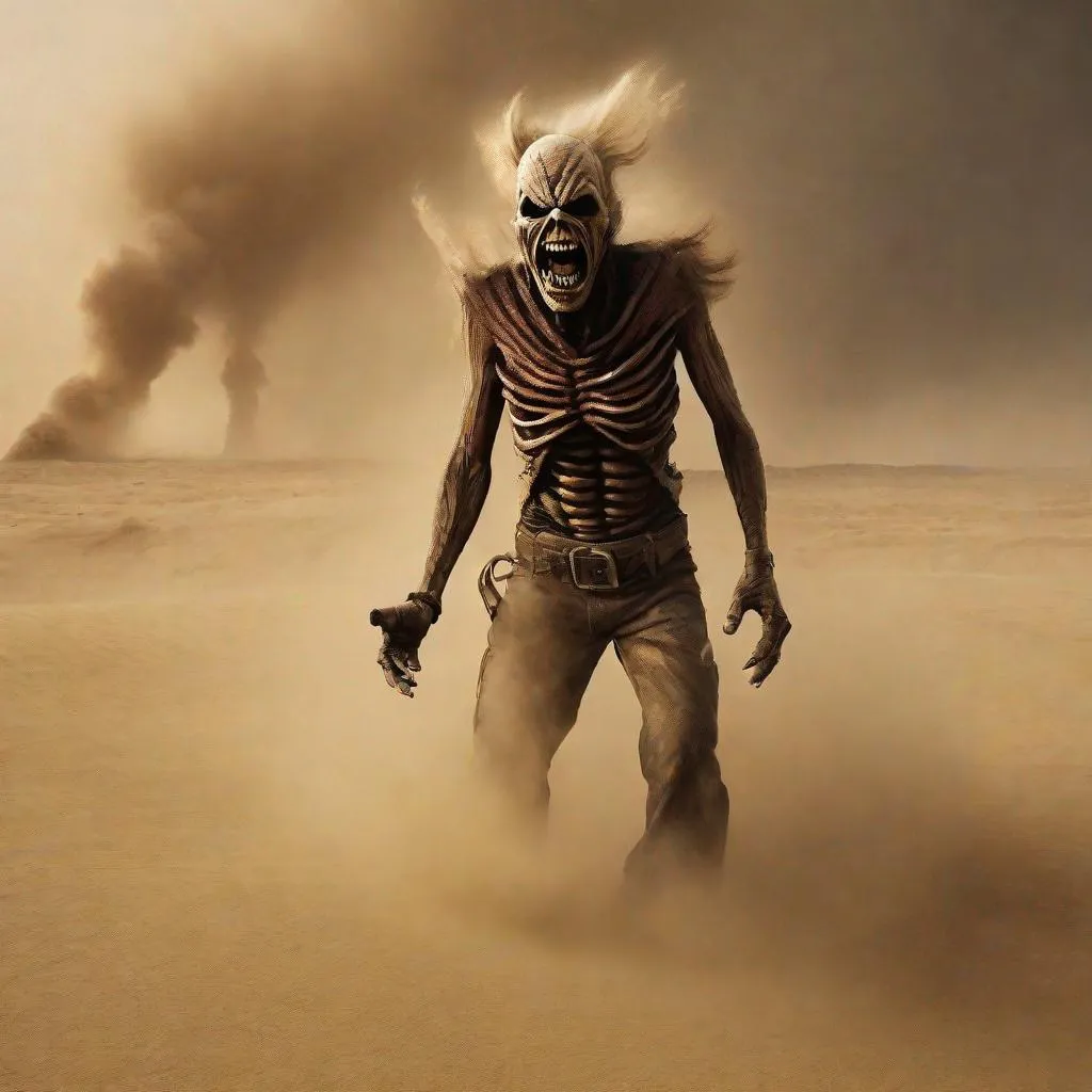 Prompt: Eddie from Iron Maiden, his face in a sandstorm