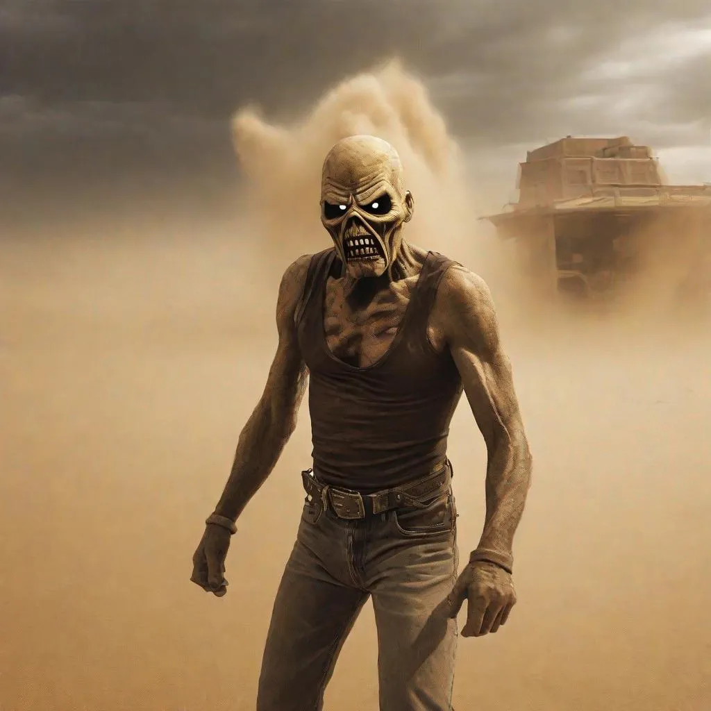 Prompt: Eddie from Iron Maiden, his face in a sandstorm