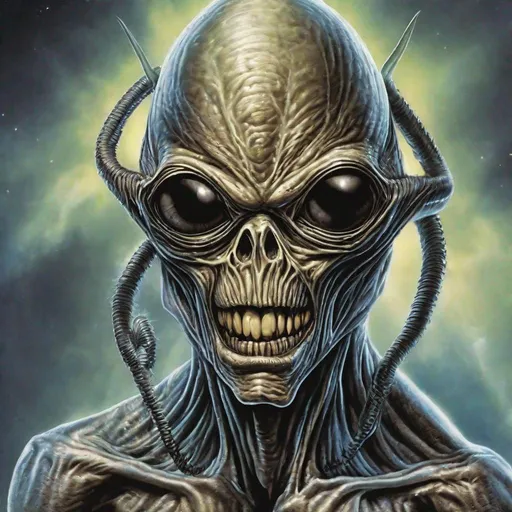 Prompt: Eddie from Iron Maiden as an alien