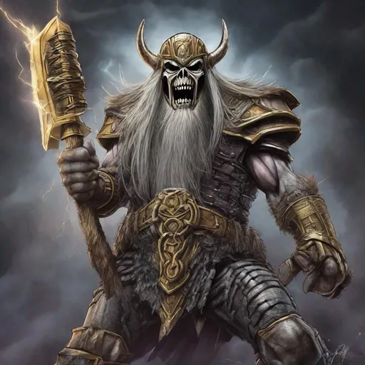 Prompt: Eddie from Iron Maiden as odin