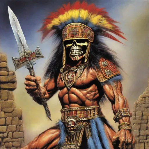 Prompt: Eddie from Iron Maiden inca warrior