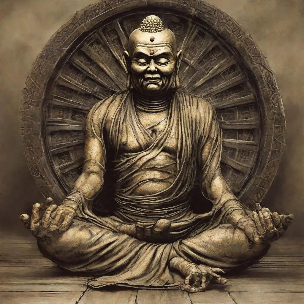 Prompt: Eddie from Iron Maiden as the Buddha