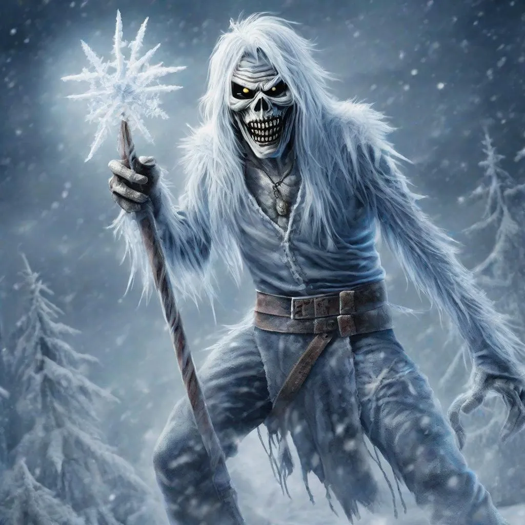 Prompt: Eddie from Iron Maiden as Jack Frost