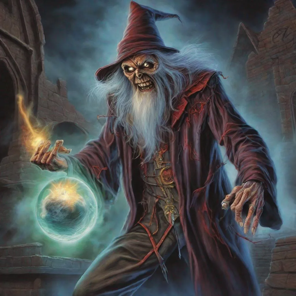 Prompt: Eddie from Iron Maiden is a wizard