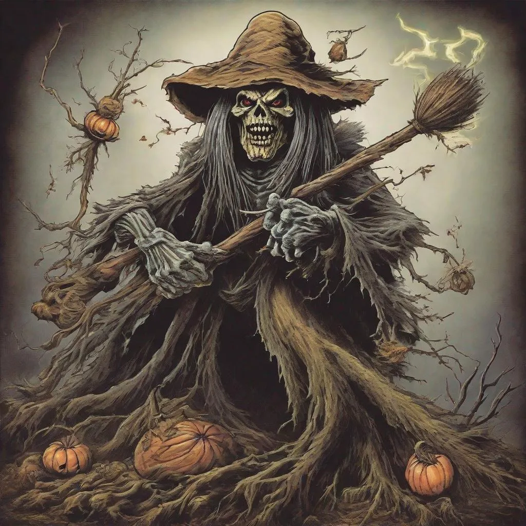 Prompt: Eddie from Iron Maiden is on a witches broom