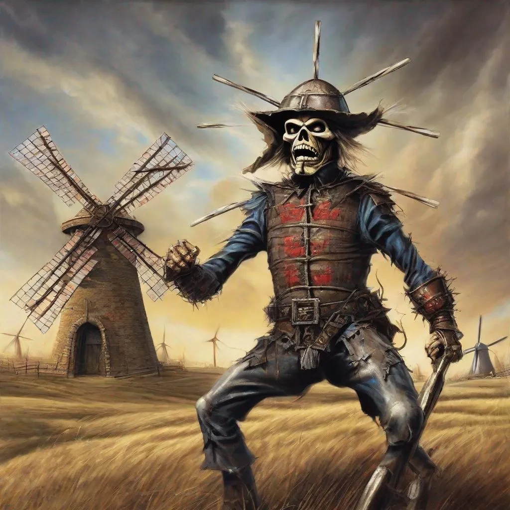 Prompt: Eddie from Iron Maiden as don Quichot fighting windmills