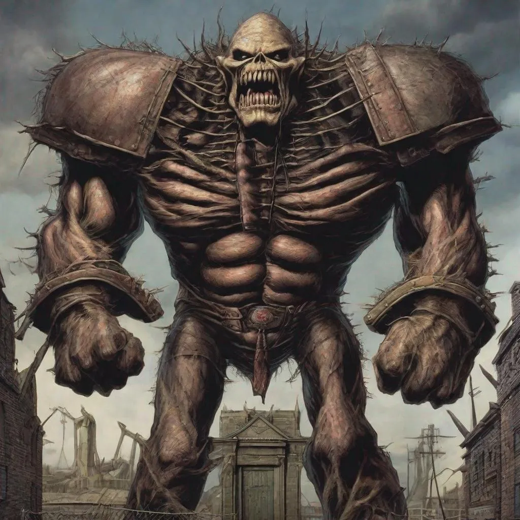 Prompt: Eddie from Iron Maiden is a giant