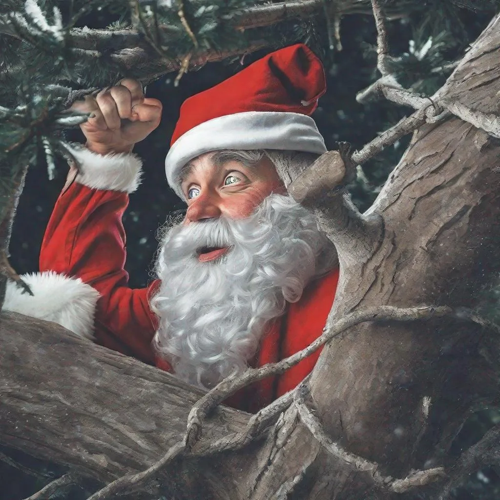 Prompt: Santa claus caught in a tree
