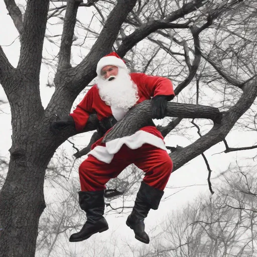 Prompt: Santa claus caught in a tree