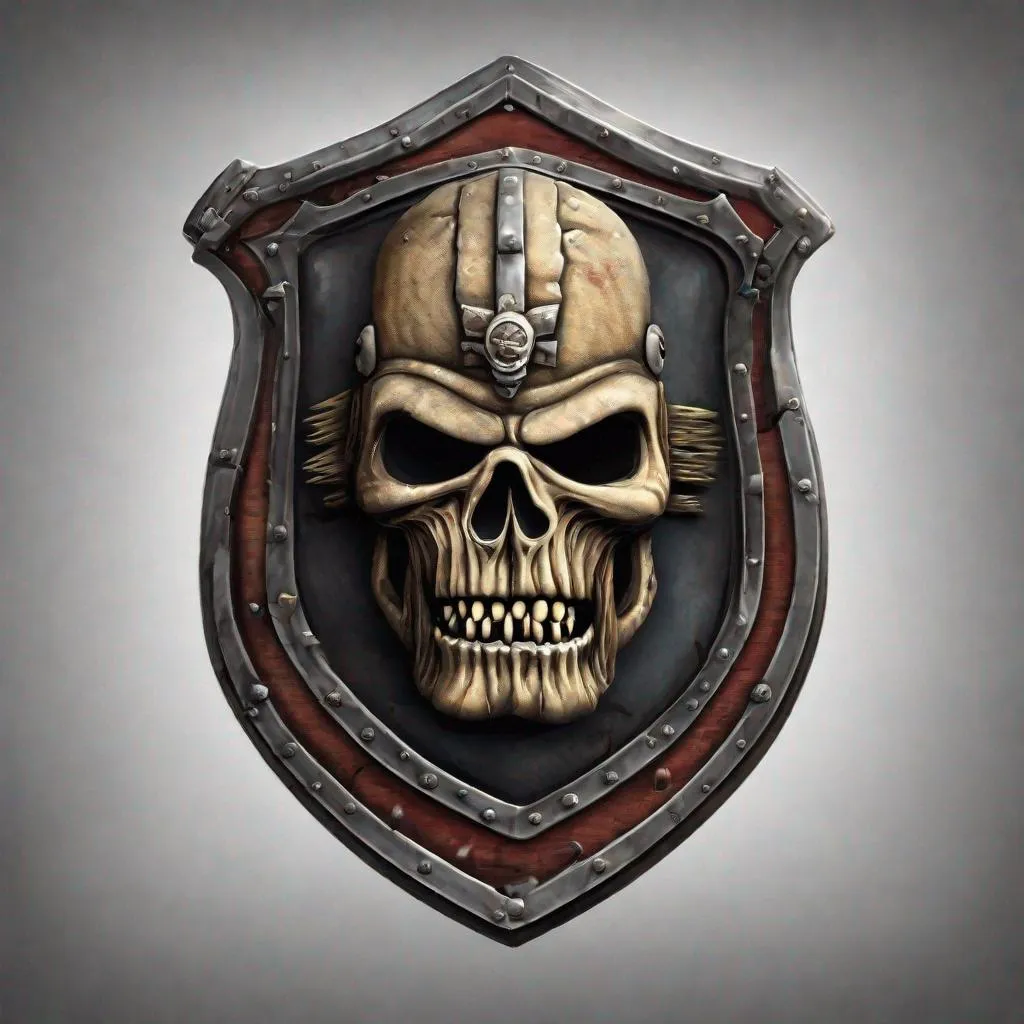 Prompt: A shield with Eddie from Iron Maiden on it