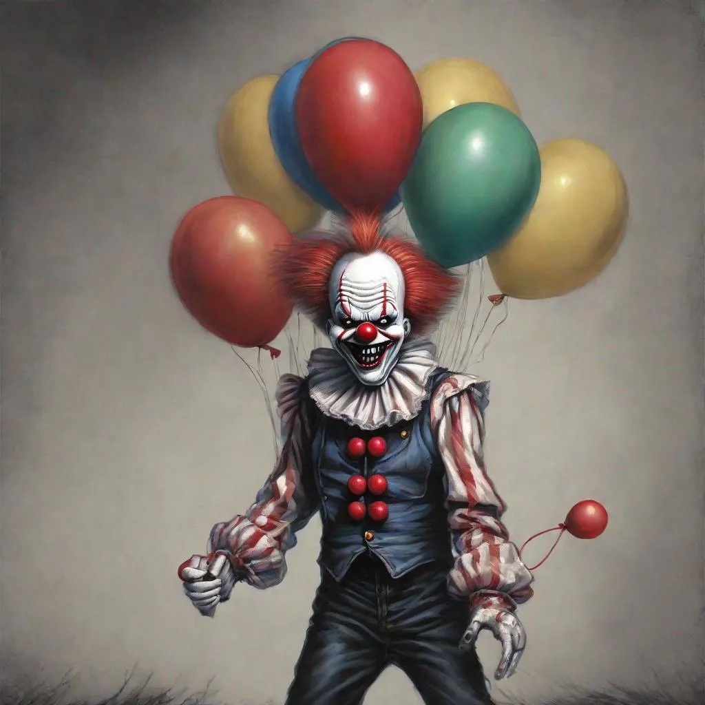 Prompt: Eddie from Iron Maiden as a horror clown with balloons in one hand