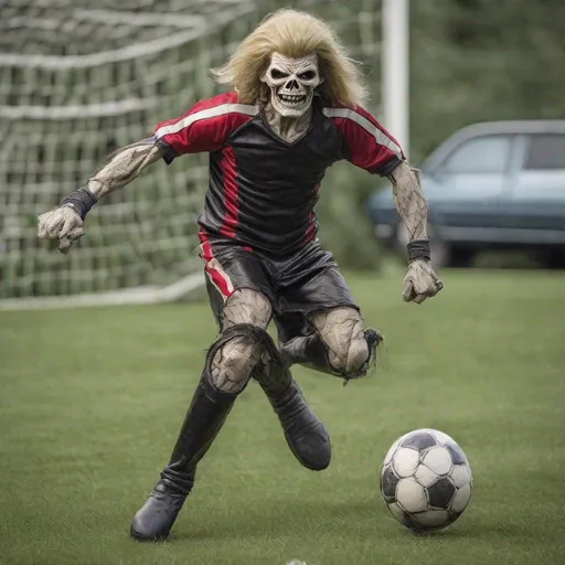 Prompt: Eddie from Iron Maiden plays soccer