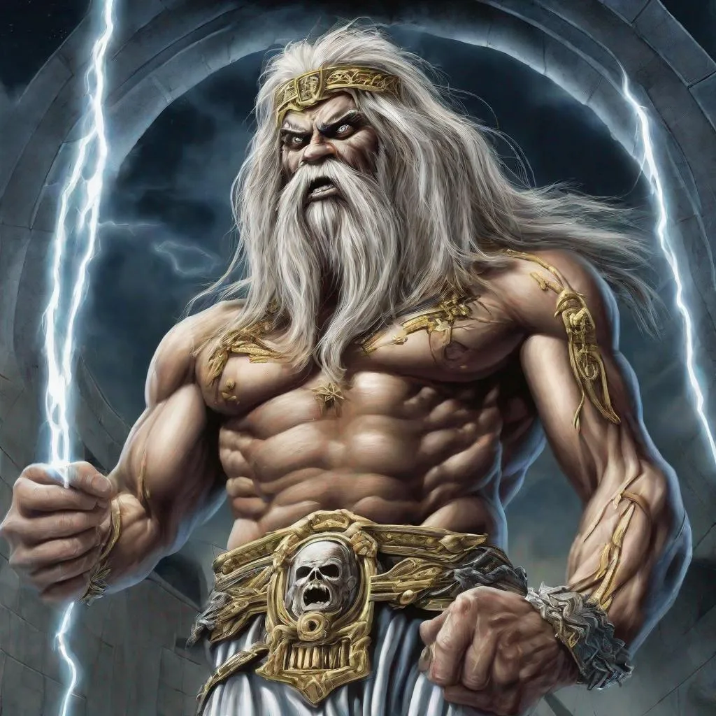 Prompt: Eddie from Iron Maiden as zeus