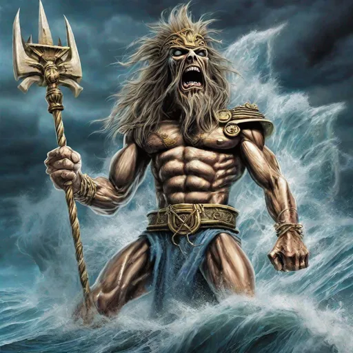 Prompt: Eddie from Iron Maiden as poseidon