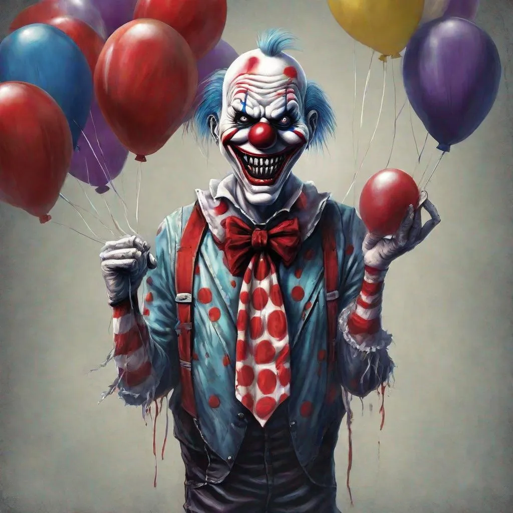 Prompt: Eddie from Iron Maiden as a horror clown with balloons in one hand