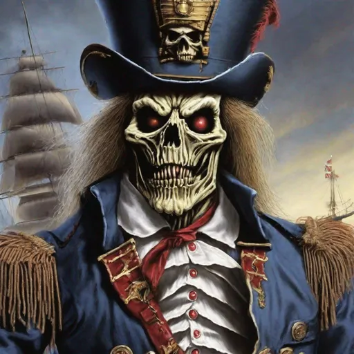 Prompt: Eddie from Iron Maiden is a hornblower