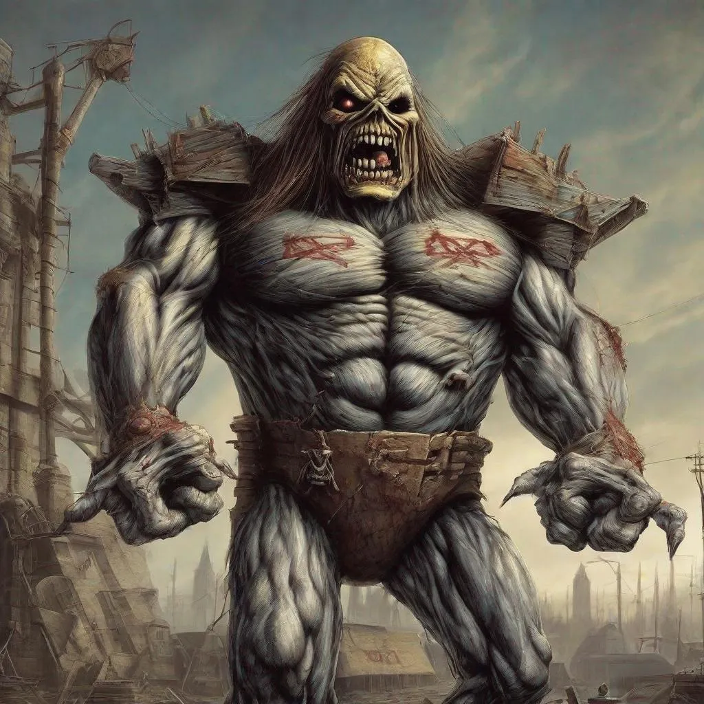 Prompt: Eddie from Iron Maiden is a giant