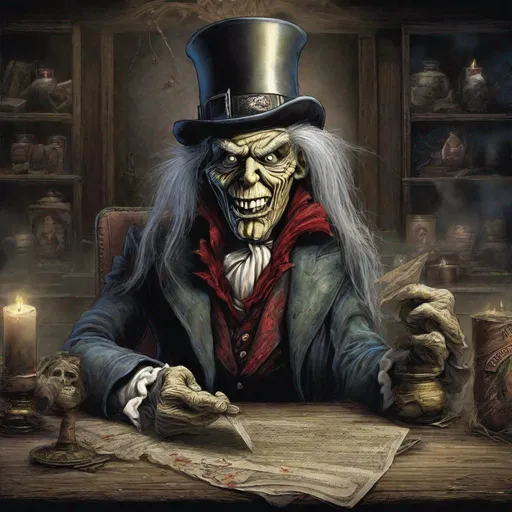 Prompt: Eddie from Iron Maiden is Mr Scrooge