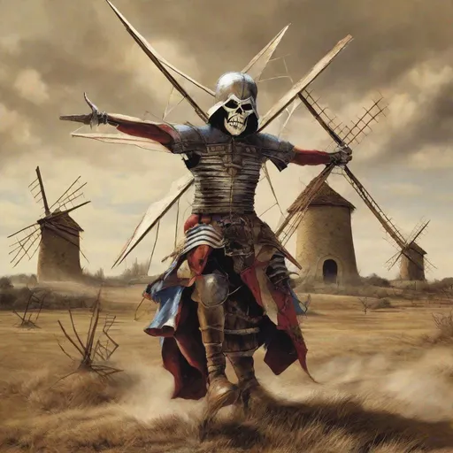 Prompt: Eddie from Iron Maiden as don Quichot fighting windmills