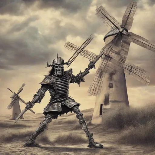 Prompt: Eddie from Iron Maiden as don Quichot fighting windmills