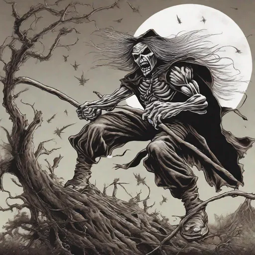 Prompt: Eddie from Iron Maiden is on a witches broom