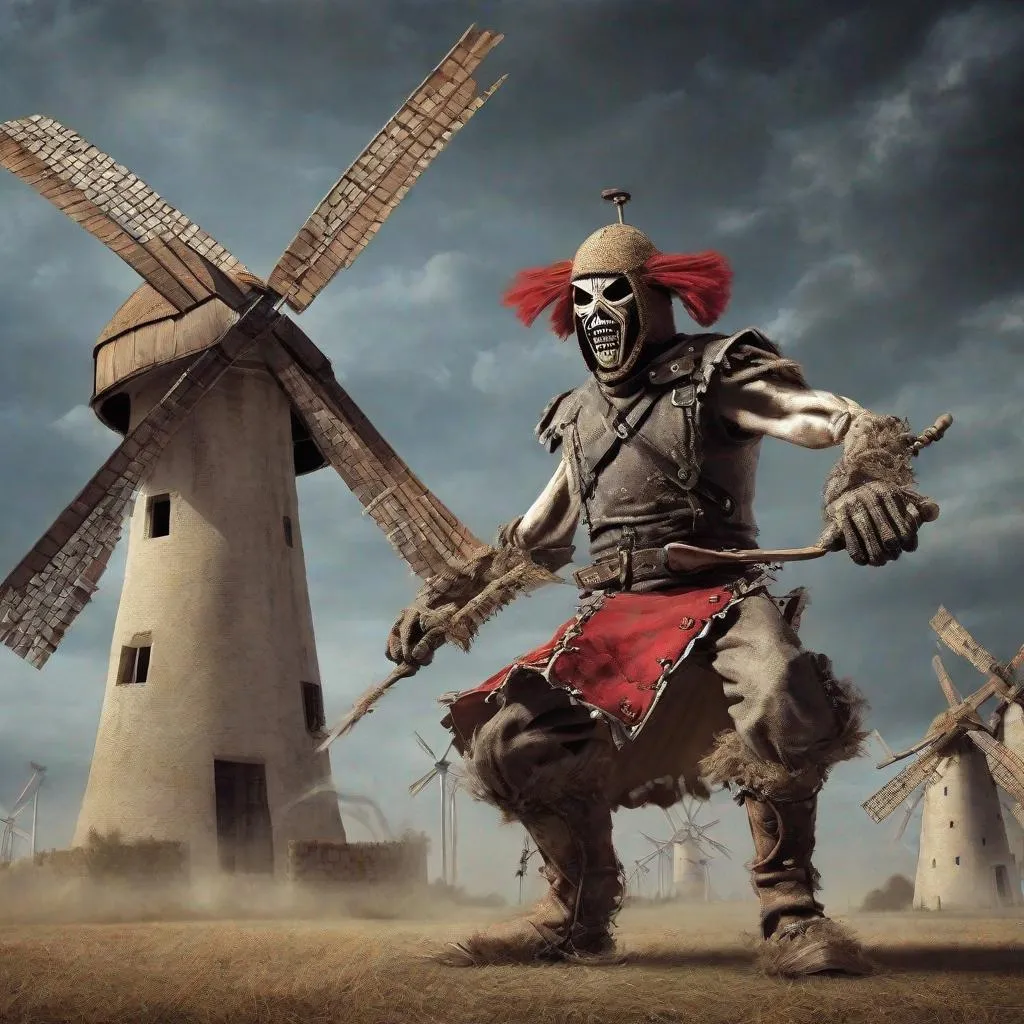 Prompt: Eddie from Iron Maiden as don Quichot fighting windmills